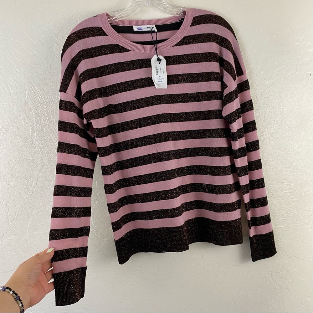rag & bone Pink and Black Striped Glitter Crewneck Sweater